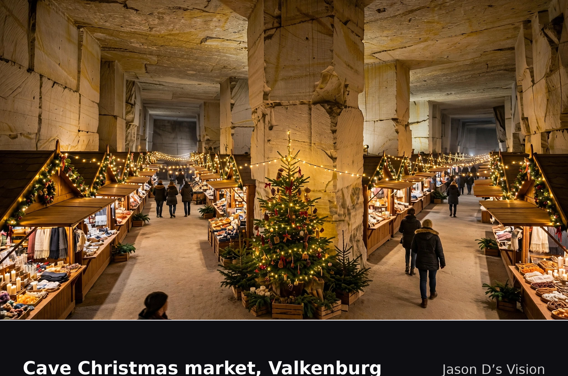 AI-generated artistic interpretation of the Gemeentegrot Christmas market in Valkenburg, wooden chalets inside a cream marl cave
