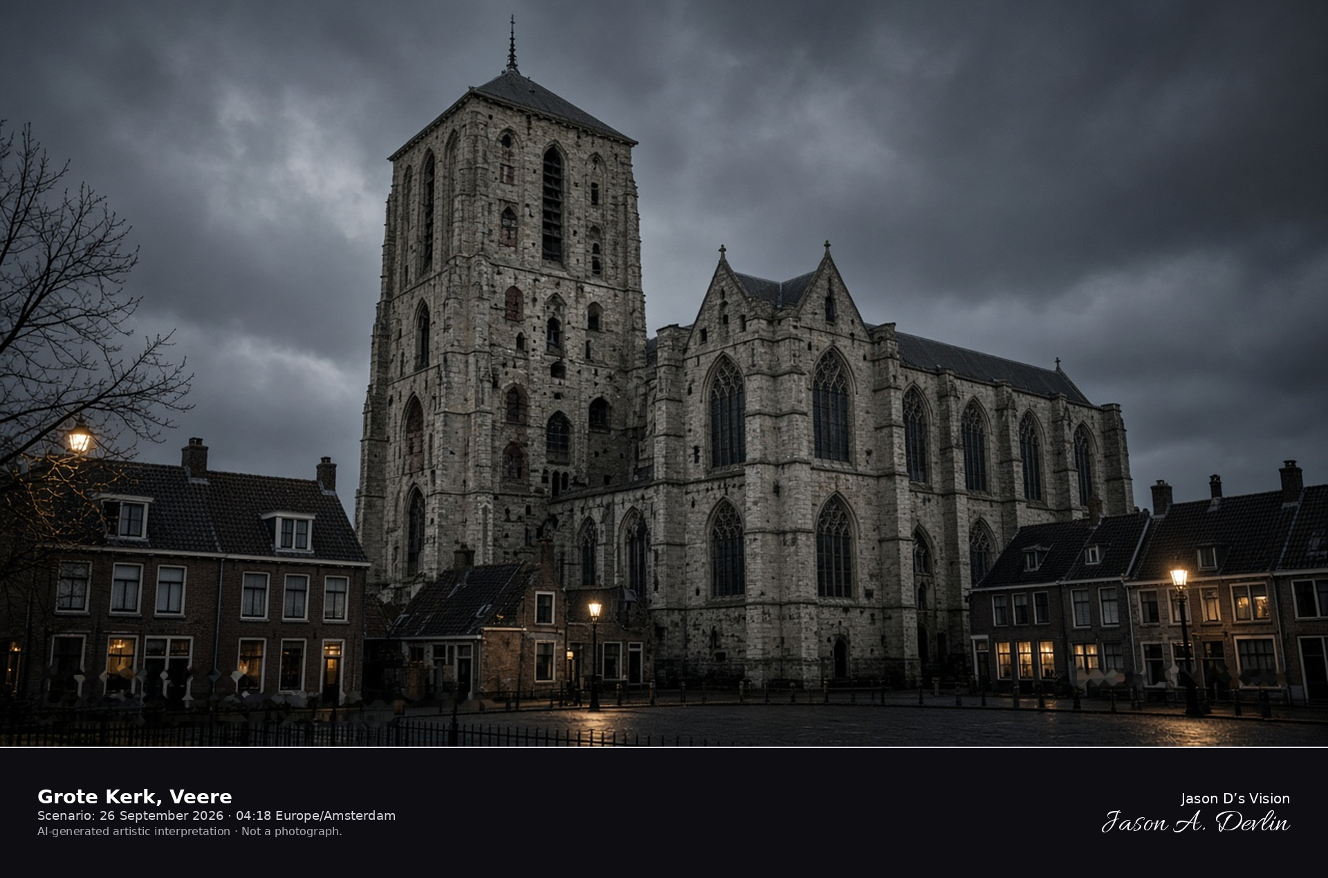 AI-generated artistic interpretation of the Grote Kerk in Veere at night
