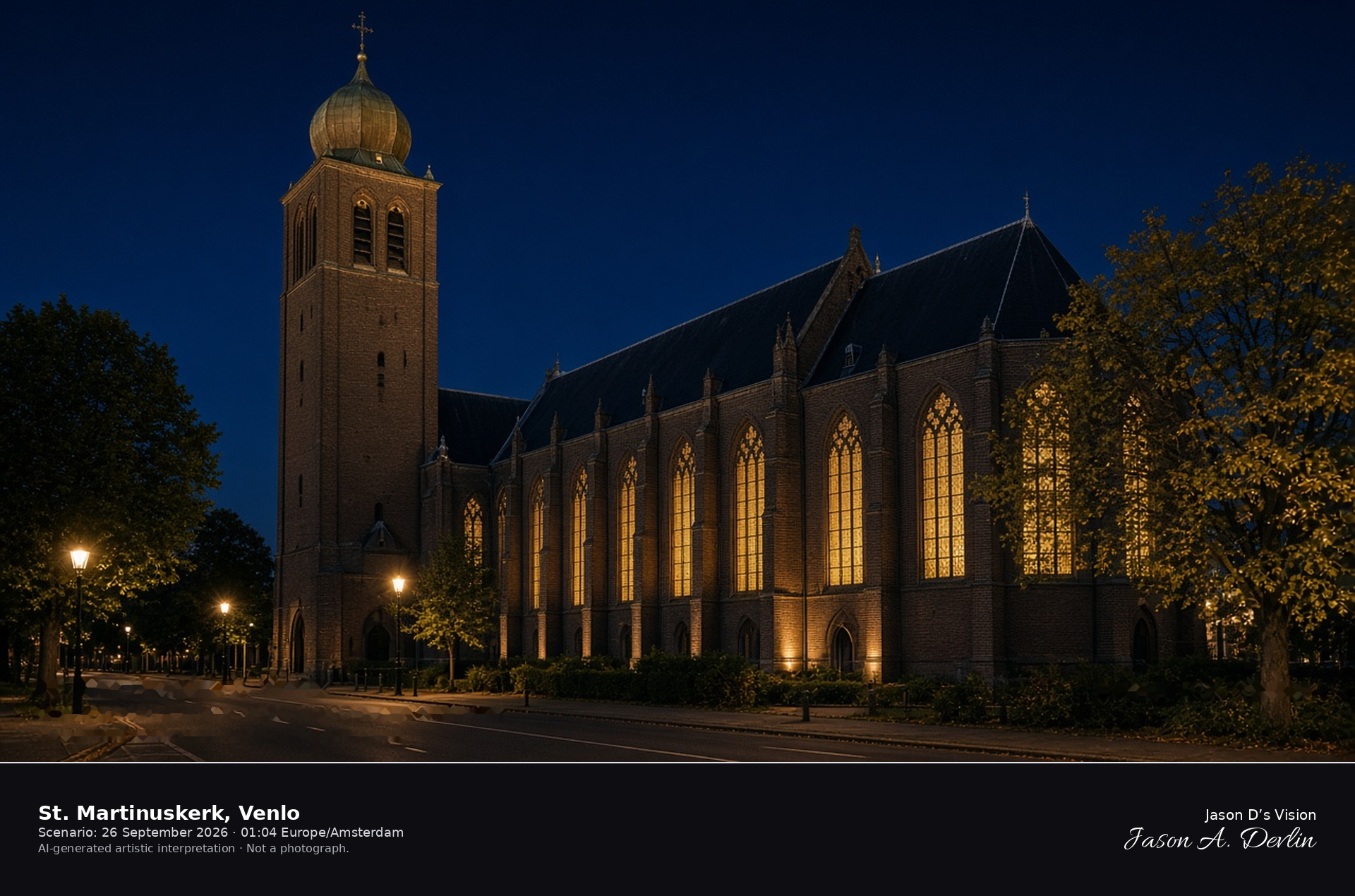 AI-generated artistic interpretation of the Sint-Martinusbasiliek in Venlo on a clear night, with its square tower and copper onion dome