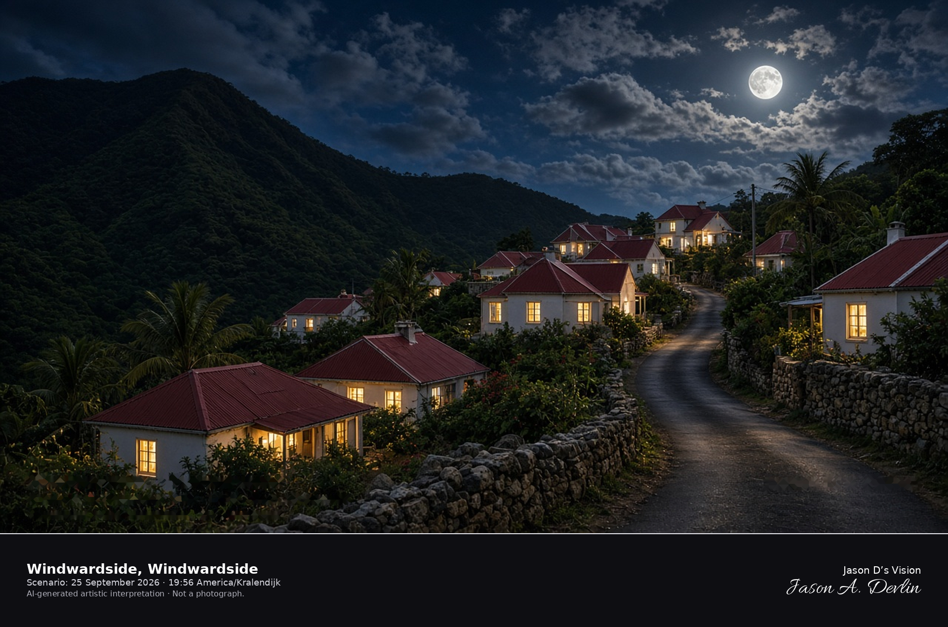 AI-generated artistic interpretation of Windwardside on Saba at night, white cottages and red roofs on a steep road