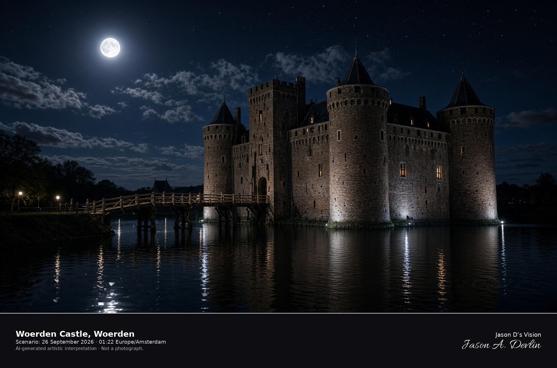 AI-generated artistic interpretation of Woerden Castle across its moat under a mainly clear night sky