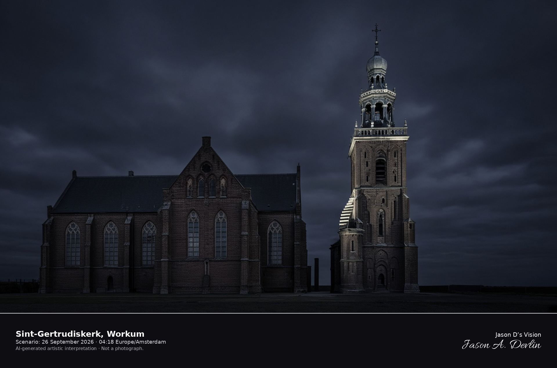 AI-generated artistic interpretation of the Sint-Gertrudiskerk in Workum at night