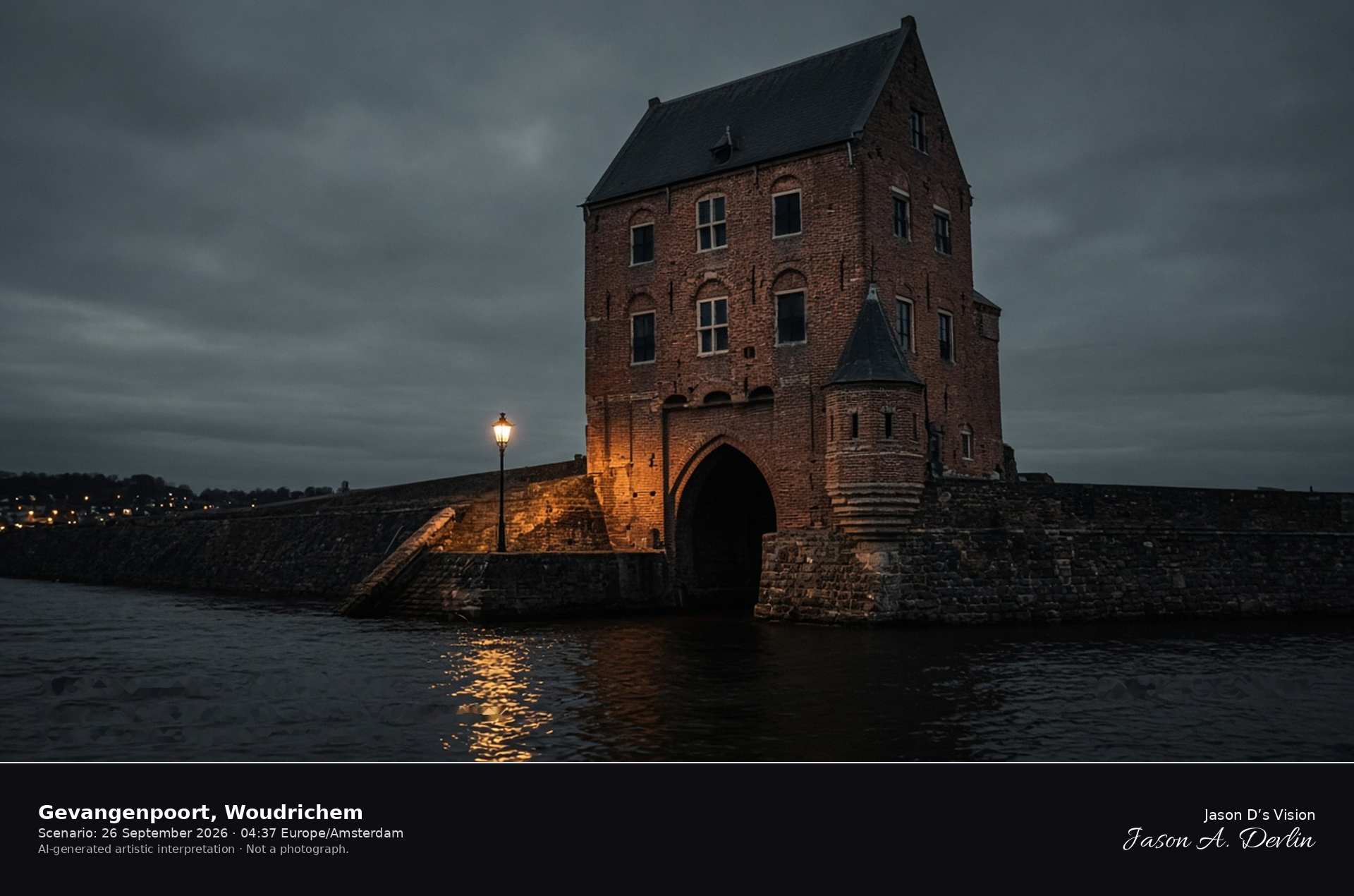 AI-generated artistic interpretation of the Gevangenpoort in Woudrichem at night