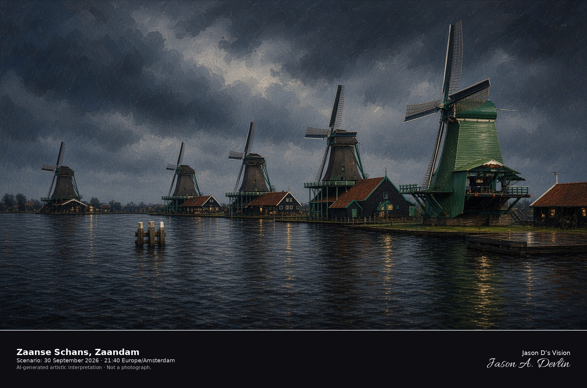 AI-generated artistic interpretation of the green wooden windmills in a single row along the Zaan at Zaanse Schans on an overcast rainy night