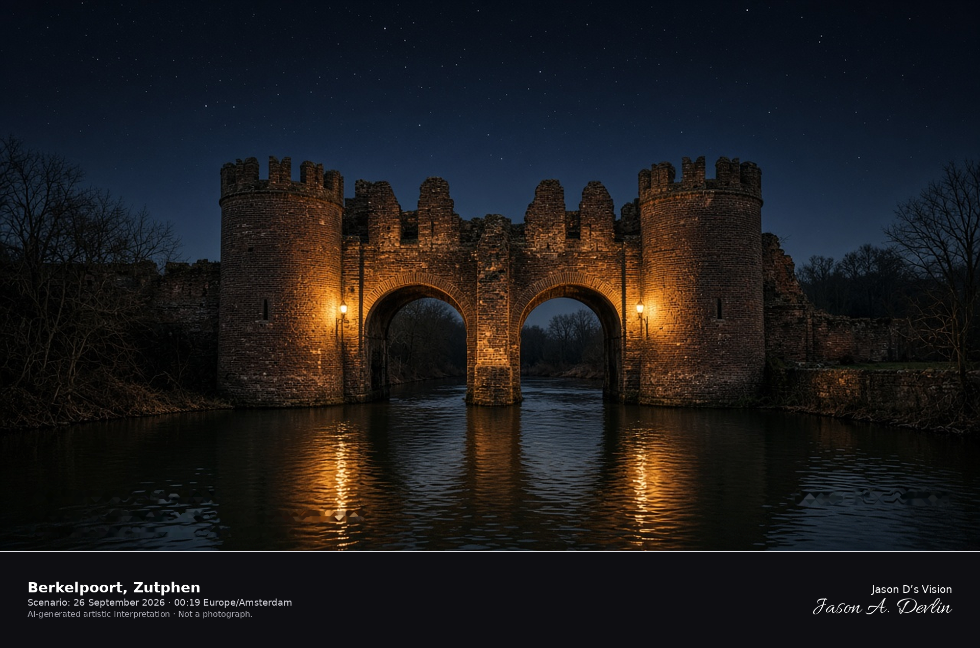 AI-generated artistic interpretation of the Berkelpoort water gate in Zutphen on a clear night