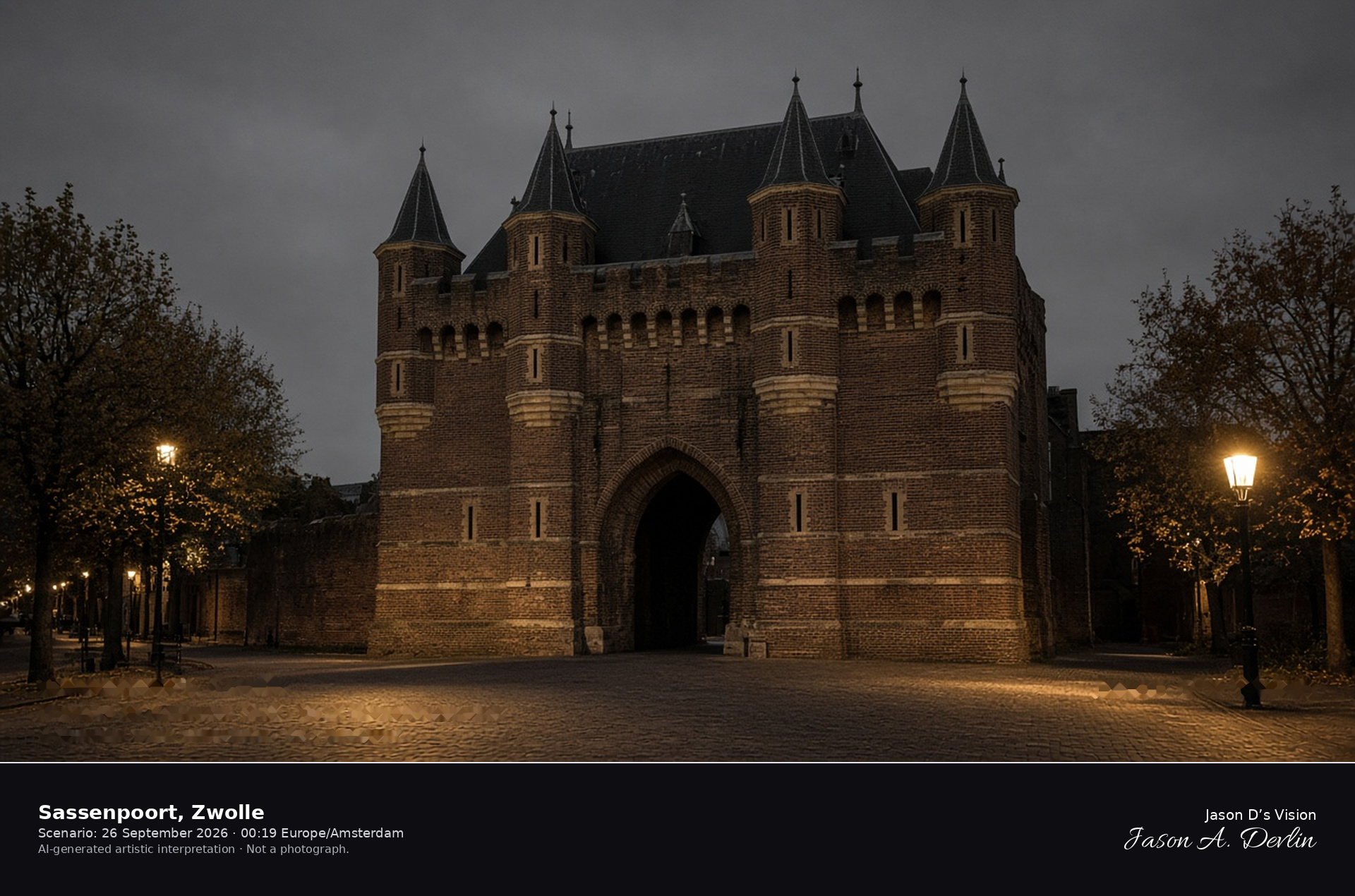 AI-generated artistic interpretation of the Sassenpoort in Zwolle on an overcast night